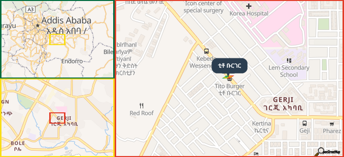 Map showing the address of ቲቶ ቡርገር in three different zoom levels.