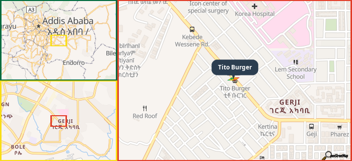 Map showing the address of Tito Burger in three different zoom levels.