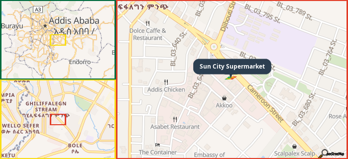 Map showing the address of Sun City Supermarket in three different zoom levels.