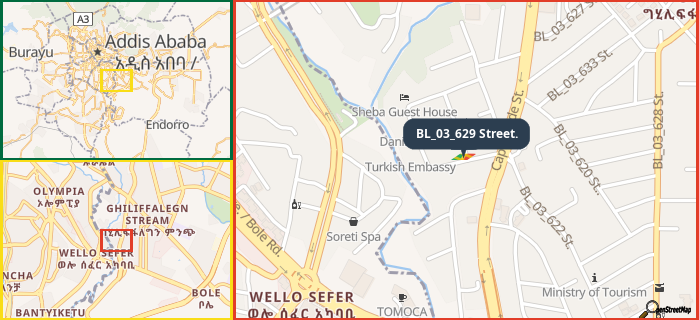 Map showing the address of BL_03_629 Street. in three different zoom levels.