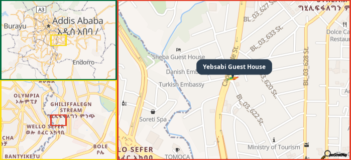 Map showing the address of Yebsabi Guest House in three different zoom levels.