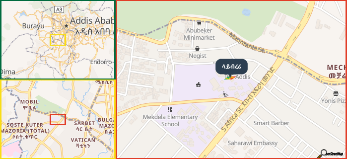 Map showing the address of ላይብረሪ in three different zoom levels.