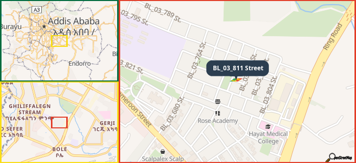 Map showing the address of BL_03_811 Street in three different zoom levels.