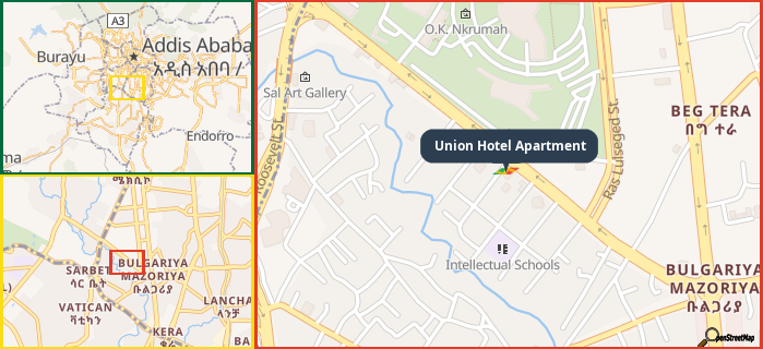 Map showing the address of Union Hotel Apartment in three different zoom levels.