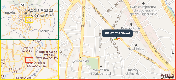 Map showing the address of KR_02_251 Street in three different zoom levels.