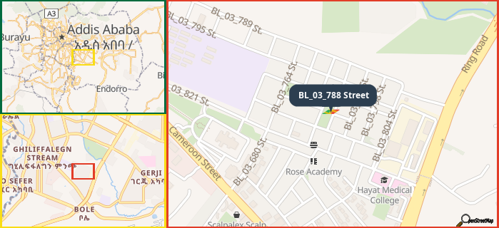 Map showing the address of BL_03_788 Street in three different zoom levels.