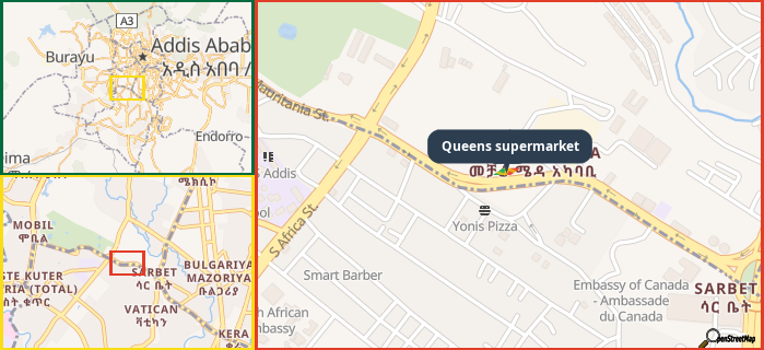 Map showing the address of Queens supermarket in three different zoom levels.