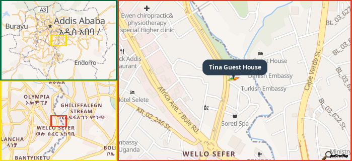 Map showing the address of Tina Guest House in three different zoom levels.