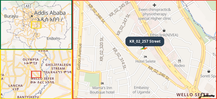 Map showing the address of KR_02_257 Street in three different zoom levels.