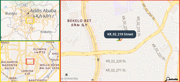 Map showing the address of KR_02_219 Street in three different zoom levels.