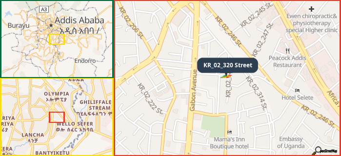 Map showing the address of KR_02_320 Street in three different zoom levels.