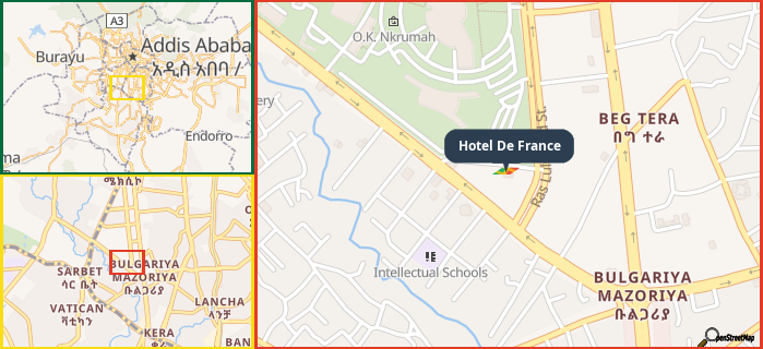 Map showing the address of Hotel De France in three different zoom levels.