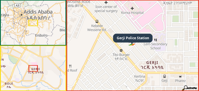 Map showing the address of Gerji Police Station in three different zoom levels.