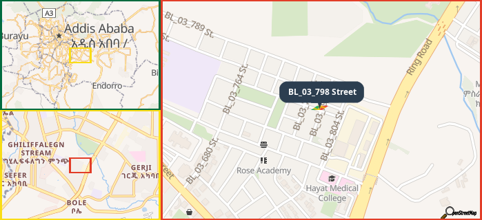 Map showing the address of BL_03_798 Street in three different zoom levels.