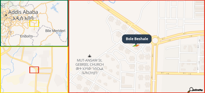 Map showing the address of Bole Beshale in three different zoom levels.