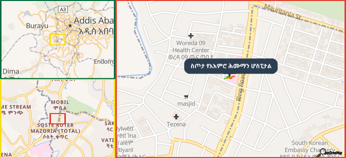 Map showing the address of ስጦታ የአእምሮ ሕሙማን ሆስፒታል in three different zoom levels.