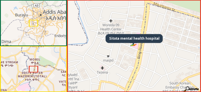 Map showing the address of Sitota mental health hospital in three different zoom levels.