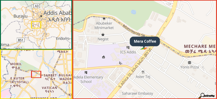 Map showing the address of Mera Coffee in three different zoom levels.