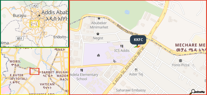 Map showing the address of KKFC in three different zoom levels.