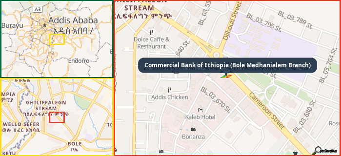 Map showing the address of Commercial Bank of Ethiopia (Bole Medhanialem Branch) in three different zoom levels.
