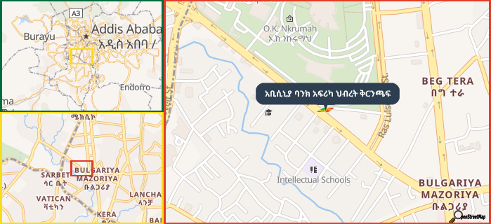 Map showing the address of አቢሲኒያ ባንክ አፍሪካ ህብረት ቅርንጫፍ in three different zoom levels.