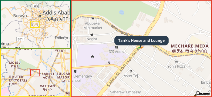 Map showing the address of Tarik's House and Lounge in three different zoom levels.