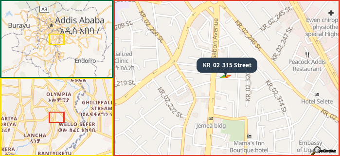 Map showing the address of KR_02_315 Street in three different zoom levels.