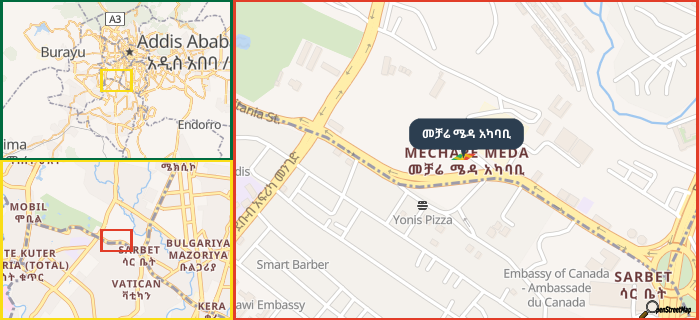 Map showing the address of መቻሬ ሜዳ አካባቢ in three different zoom levels.
