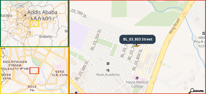 Map showing the address of BL_03_803 Street in three different zoom levels.