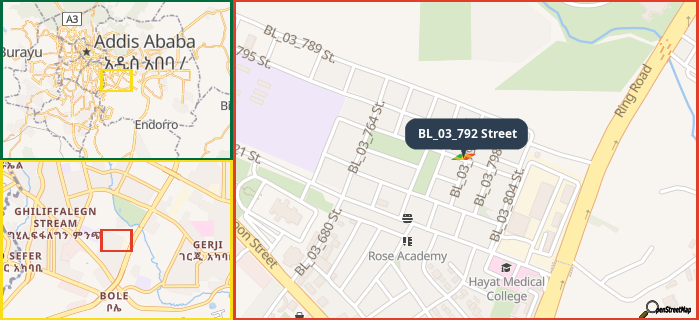 Map showing the address of BL_03_792 Street in three different zoom levels.