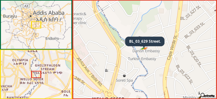 Map showing the address of BL_03_629 Street. in three different zoom levels.