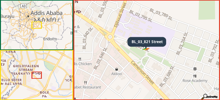 Map showing the address of BL_03_821 Street in three different zoom levels.