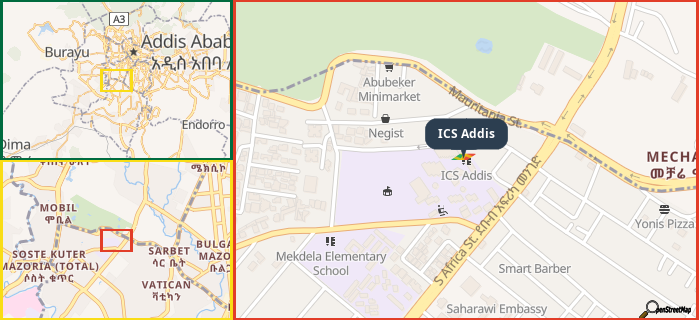 Map showing the address of ICS Addis in three different zoom levels.