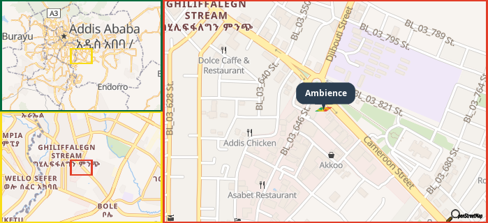 Map showing the address of Ambience in three different zoom levels.