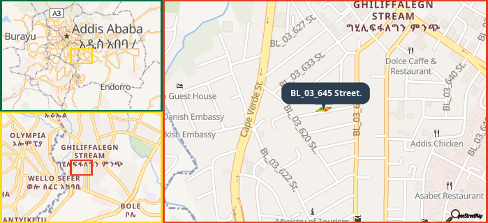 Map showing the address of BL_03_645 Street. in three different zoom levels.