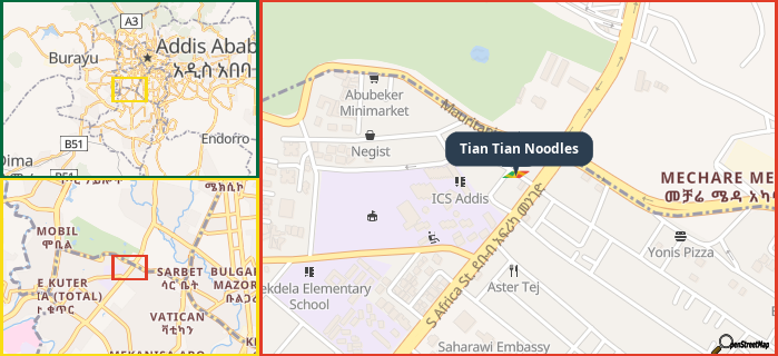 Map showing the address of Tian Tian Noodles in three different zoom levels.
