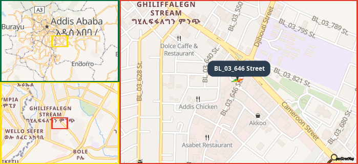 Map showing the address of BL_03_646 Street in three different zoom levels.