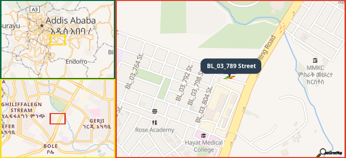 Map showing the address of BL_03_789 Street in three different zoom levels.