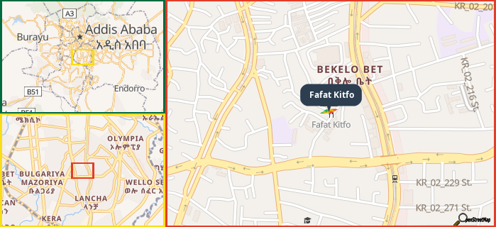 Map showing the address of Fafat Kitfo in three different zoom levels.