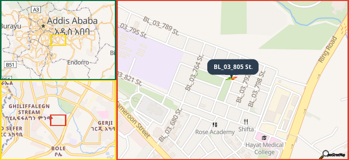 Map showing the address of BL_03_805 St. in three different zoom levels.