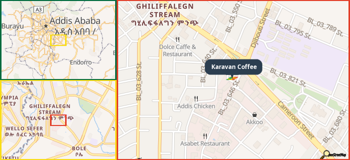 Map showing the address of Karavan Coffee in three different zoom levels.