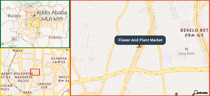 Map showing the address of Flower And Plant Market in three different zoom levels.