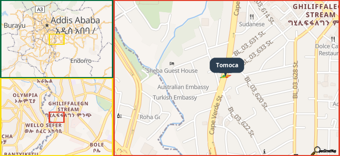 Map showing the address of Tomoca in three different zoom levels.