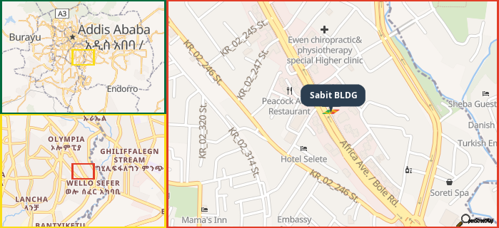 Map showing the address of Sabit BLDG in three different zoom levels.