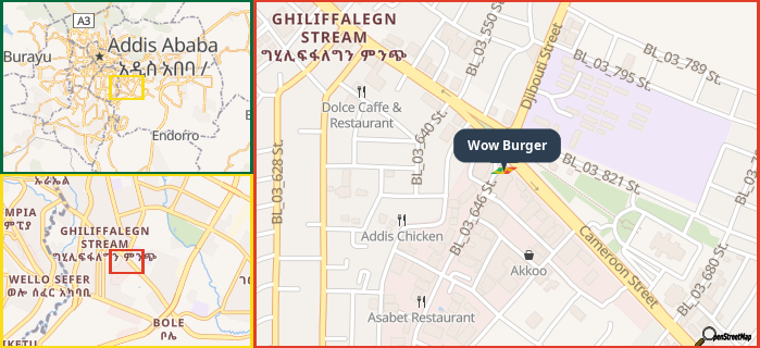 Map showing the address of Wow Burger in three different zoom levels.