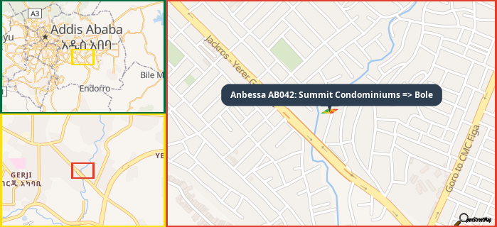 Map showing the address of Anbessa AB042: Summit Condominiums => Bole in three different zoom levels.