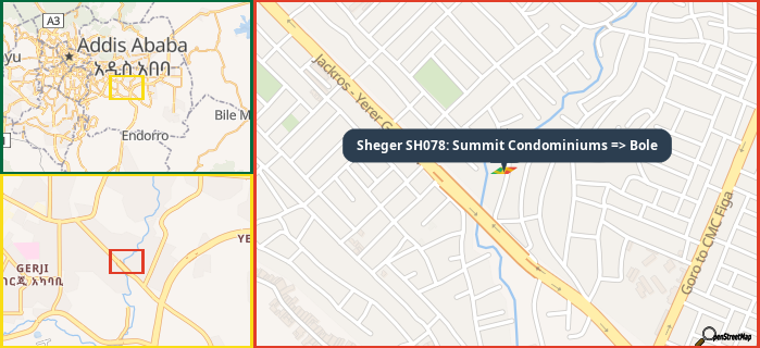 Map showing the address of Sheger SH078: Summit Condominiums => Bole in three different zoom levels.
