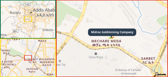 Map showing the address of Midroc Goldmining Company in three different zoom levels.