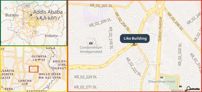 Map showing the address of Liko Building in three different zoom levels.