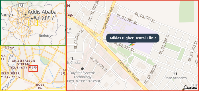 Map showing the address of Mikias Higher Dental Clinic in three different zoom levels.